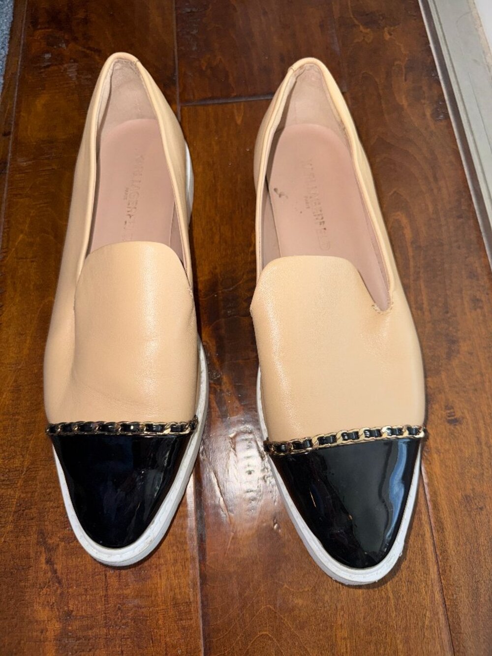 Karl Lagerfeld Paris Caralee Beige Black Cap Toe Chain Loafers Size 7.5
